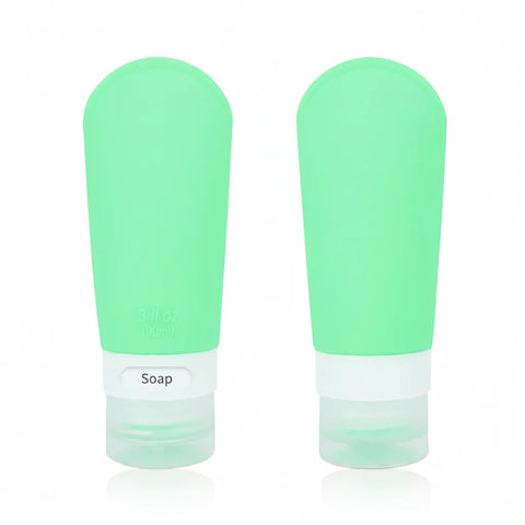 2-Pack Mint Green Flexible Silicone Leakproof Travel Squeeze Bottles with Clear Label Base and Flip-Top Caps on white background